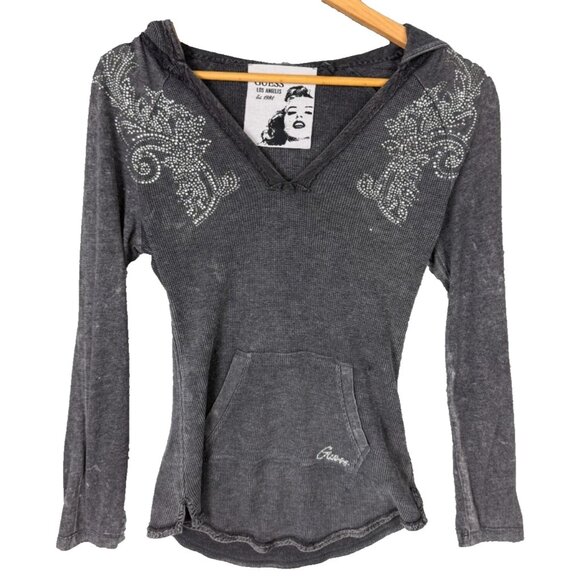 Guess Thermal Hoodie Top | Medium | Gray Rhinestone Logo Y2K Long Sleeve - Picture 1 of 5